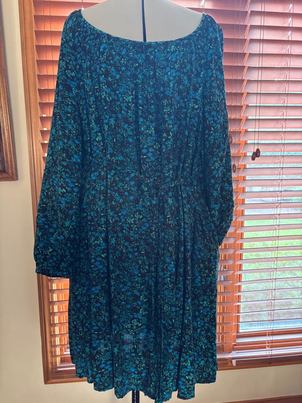 Terra & Sky Shirred Boho Floral Balloon Sleeve Dress Teal Women's Size 2X